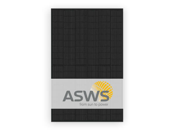 Bild zeigt ASWS Black Style 400 Watt Solarmodul mit Herstellerlogo.